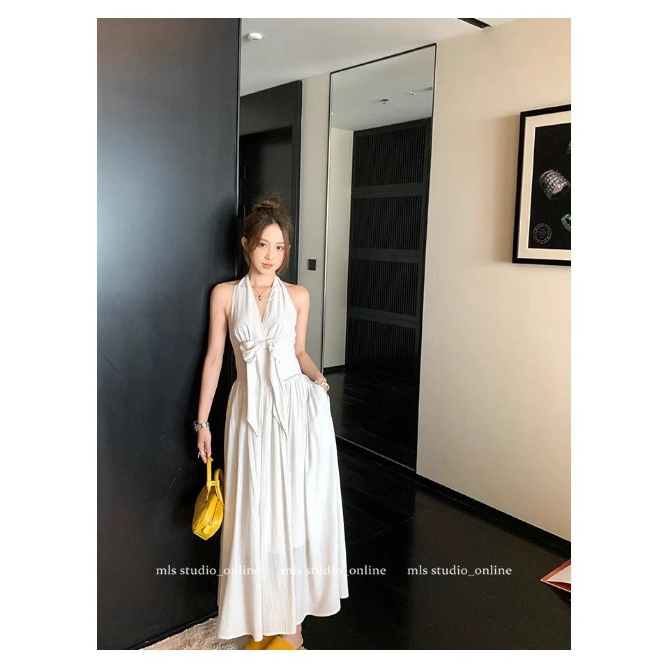 MLS 甜嗲拿捏 蝴蝶结吊带挂脖背心女夏季气质温柔条纹长款连衣裙