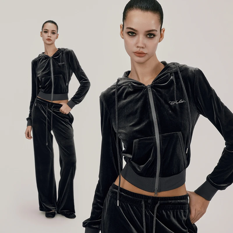WooHa/吾哈秋季新款丝绒连帽拉链卫衣套装