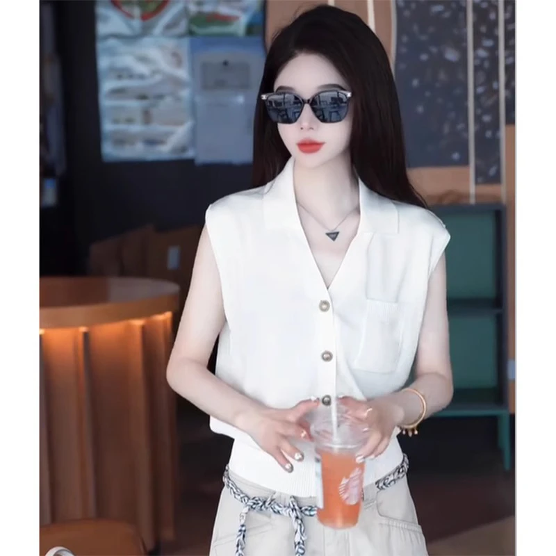 2025夏新款通勤高级POLO领无袖针织T恤时尚韩版气质时尚背心上衣