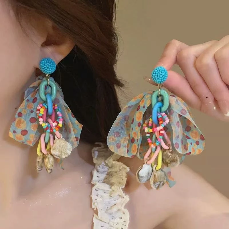铜合金布艺耳饰 甜美撞色波点蝴蝶贝壳耳环彩色超仙百搭浪漫耳饰