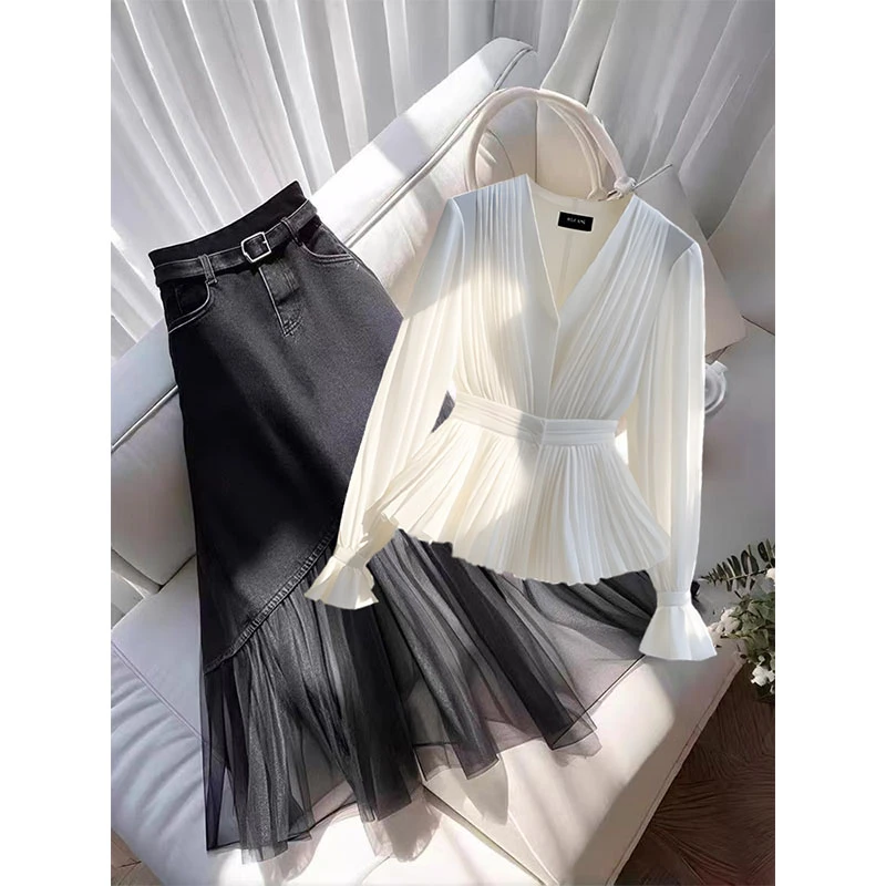 2025春季法式轻熟气质V领长袖上衣牛仔网纱拼接a字半身裙子女套装