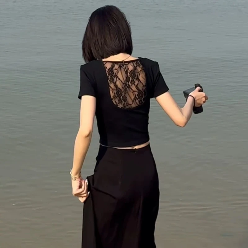 【镂空蕾丝】百搭后背镂空蕾丝拼接短款T恤内搭打底衫