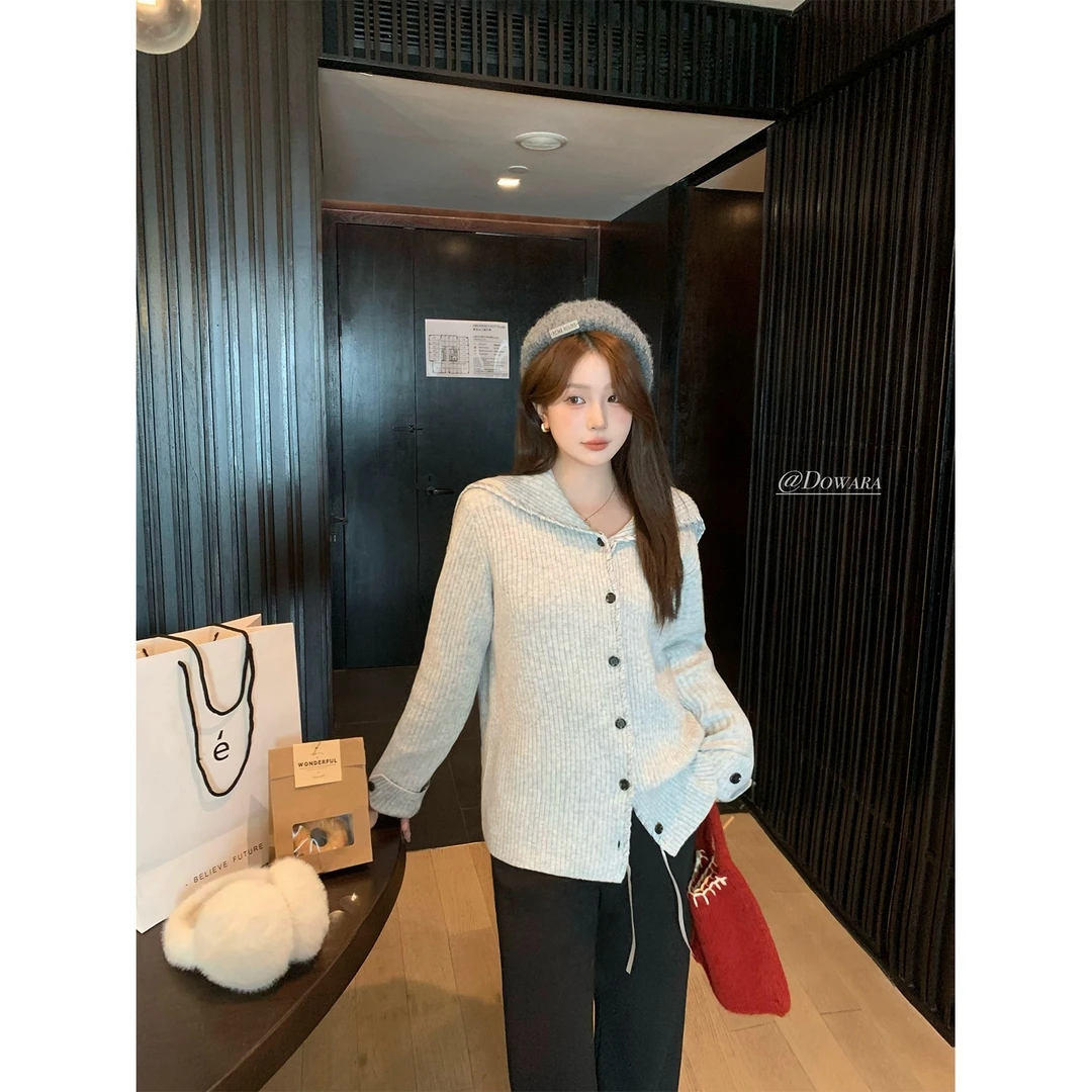 现货大婉酱微胖定制法式慵懒灰色海军领毛衣松弛感针织上衣 6607D