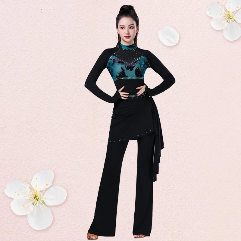 新款立领烫钻长袖拼色广场舞演出上衣适合吉特巴舞蹈
