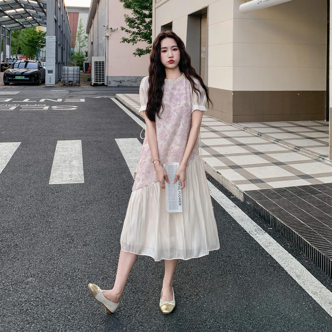 法式复古浪漫提花连衣裙女中长款2025夏新款宽松甜美温柔风仙女裙