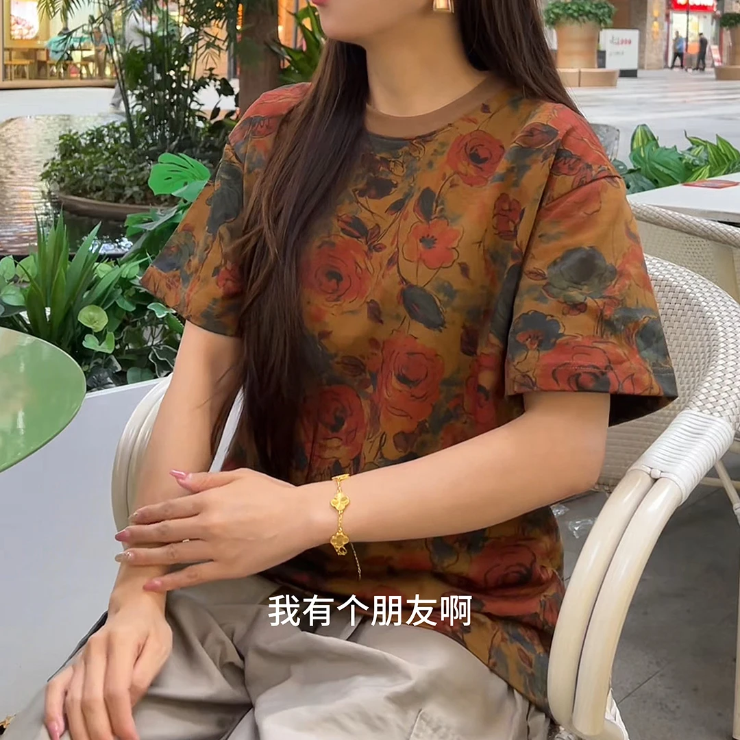 夏季新款欧若风潮牌满印撞色玫瑰花圆领短袖T恤百搭潮流套头上衣
