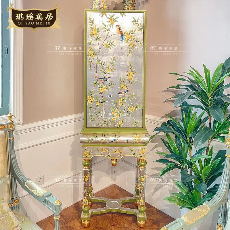 法式艺术银箔手绘装饰柜欧式古典实木花鸟窄高柜子单门柜收纳柜