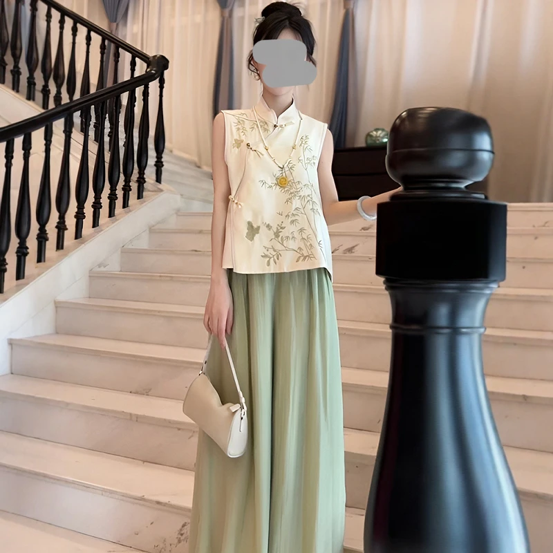 新中式国风套装女立领盘扣无袖上衣一整套ootd穿搭新款显瘦阔腿裤
