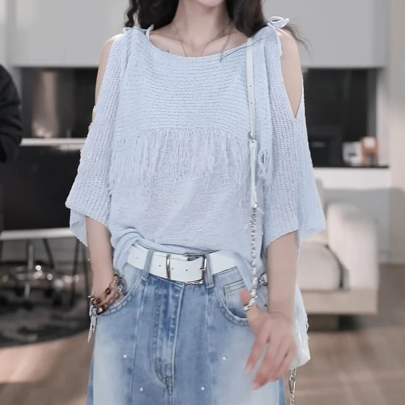 春夏季新款设计感时尚百搭气质镂空露肩流苏毛织上衣LK2502559