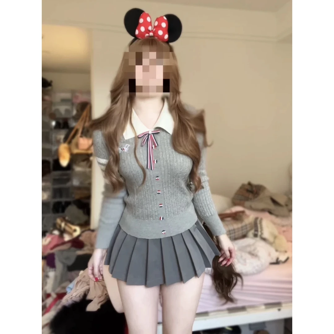 学院甜心学院风短款针织套装女秋冬POLO领显瘦小香风毛衣百褶裙