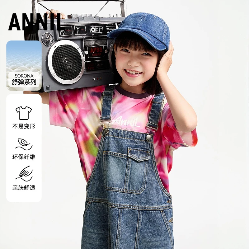 安奈儿童装女童圆领短袖T恤2025夏装新款儿童大童洋气针织衫上衣