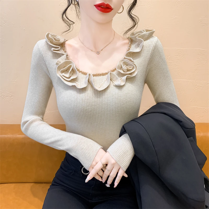 实拍2025重工钉钻秋季新款甜美拼接木耳花边毛衣打底衫修身针织衫