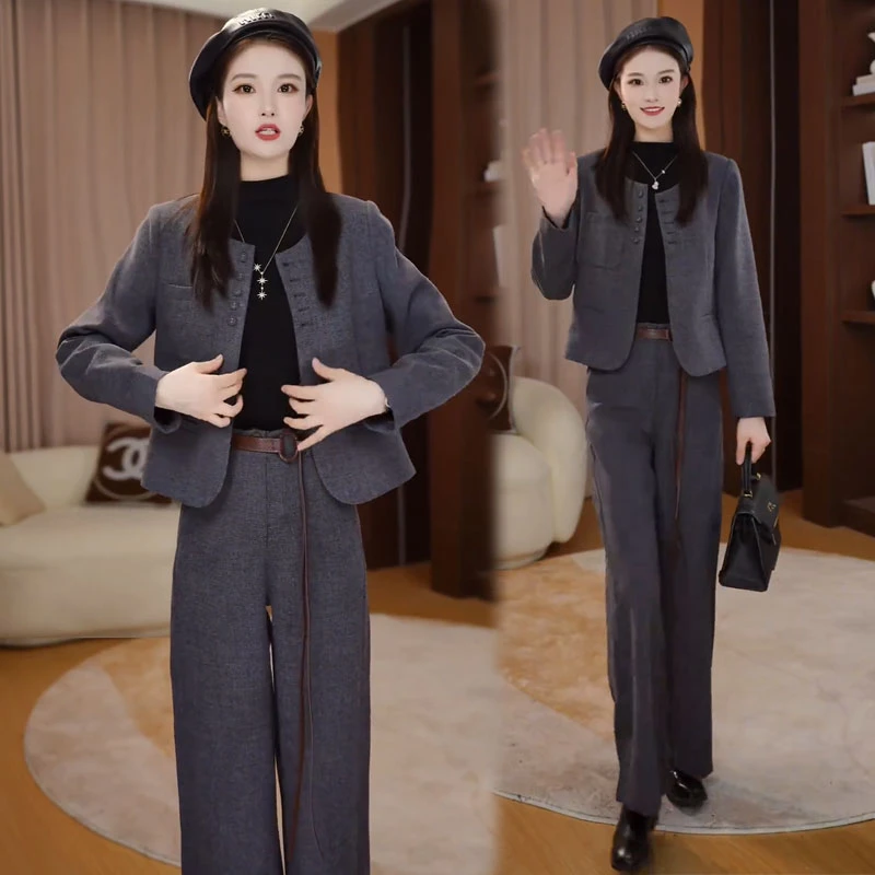 时尚套装女2025秋冬新款时髦洋气小香风短外套阔腿裤毛呢两件套潮