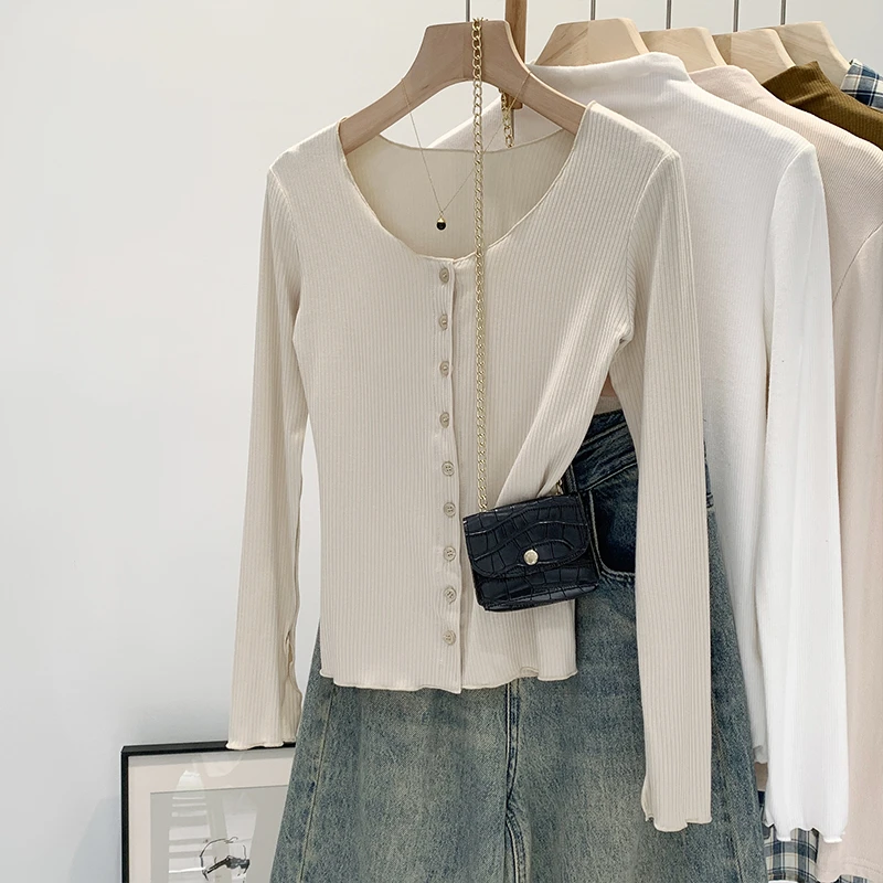 【部分现】2025新款单排扣上衣长袖开衩喇叭袖T恤上衣女250015