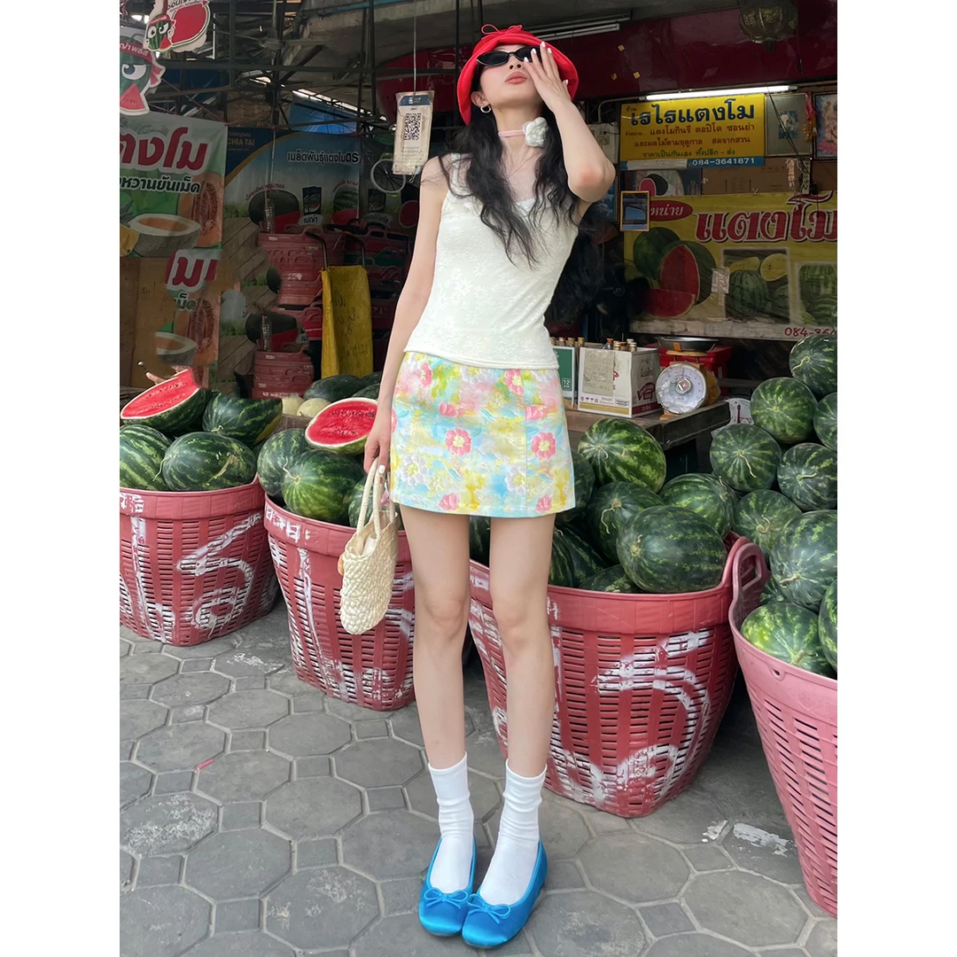是个卷毛 彩绘艺术生 夏威夷感花花半身裙女高腰修身a字短裙