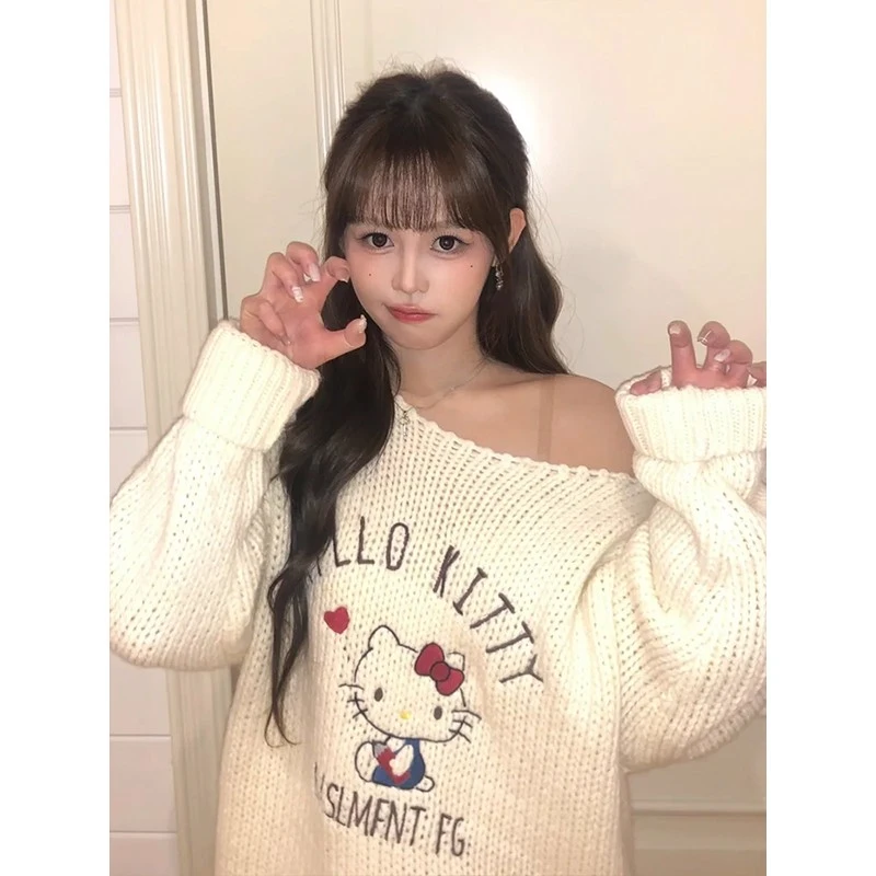 【章若楠同款】斜肩长袖针织衫女秋季HelloKitty露肩毛衣软糯上衣