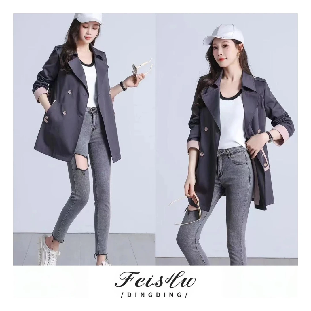 F003极简风秋季休闲风翻领女口袋风衣气质中长款女装百搭