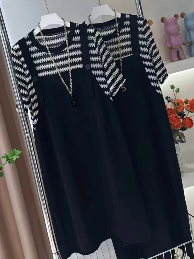 2025新款夏季宽松假两件休闲显瘦背带拼接条纹连衣裙