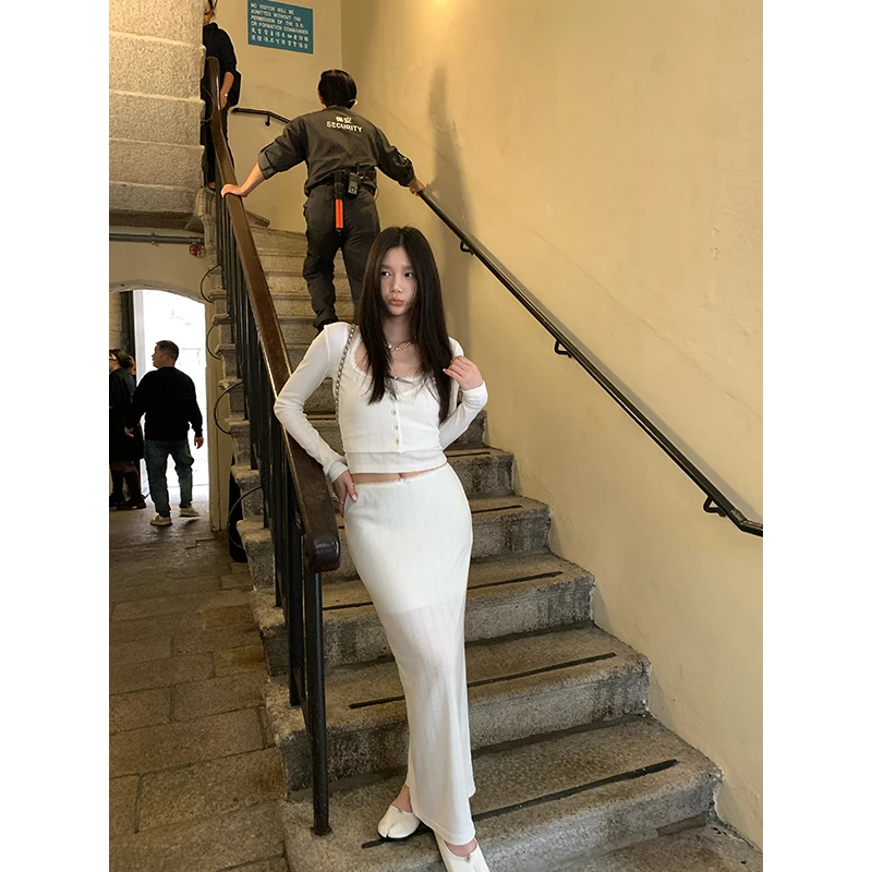 YOKLASS少女家【现】白色针织吊带半裙三件套春季显瘦套装 S31506S5