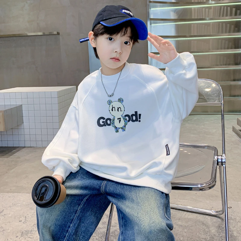 男童白色小熊字母卫衣春秋款2025新款儿童宽松百搭长袖上衣中大童