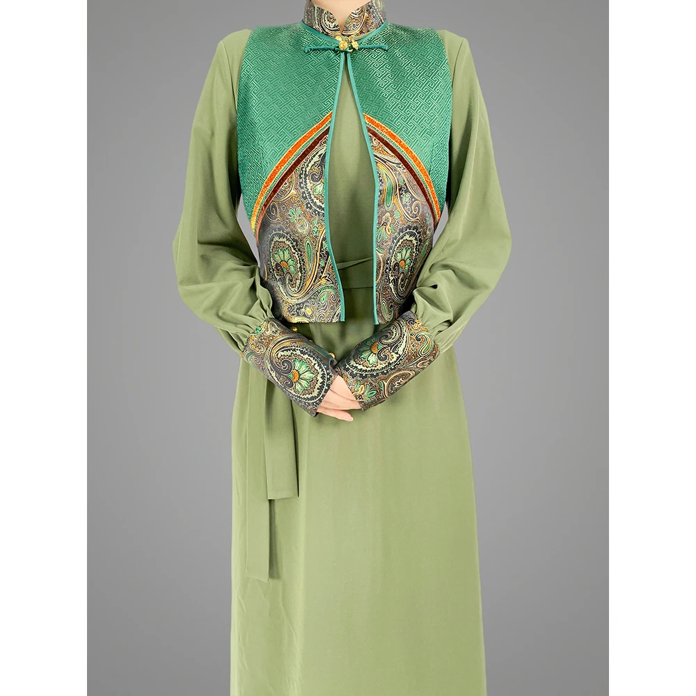 缎面提花民族风时尚百搭马甲+民族风时尚百搭连衣裙（套装）