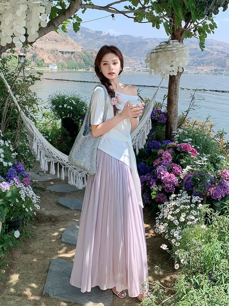 紫色半身裙女夏季长款2025新款高级感珠光纱裙绝美超仙百褶长裙子