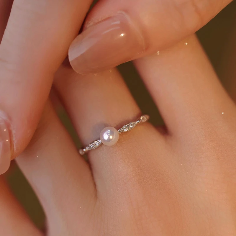 正宗天然淡水珍珠戒指纯银戒指无瑕高光简约精致时尚开口戒指