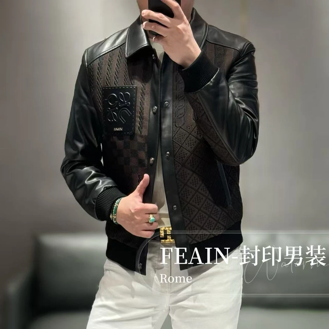 【FEAIN品牌】高端真皮拼接6D立体流体浮雕工艺夹克7030