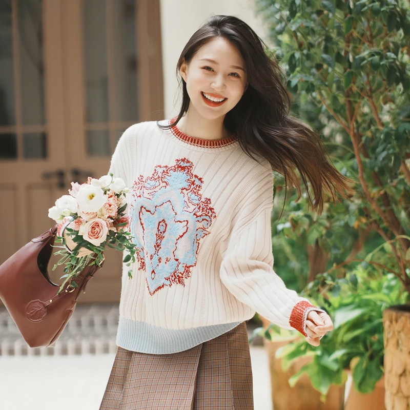 EP雅莹2025早秋新款女装 羊毛羊绒混纺撞色提花毛衣针织衫9578A
