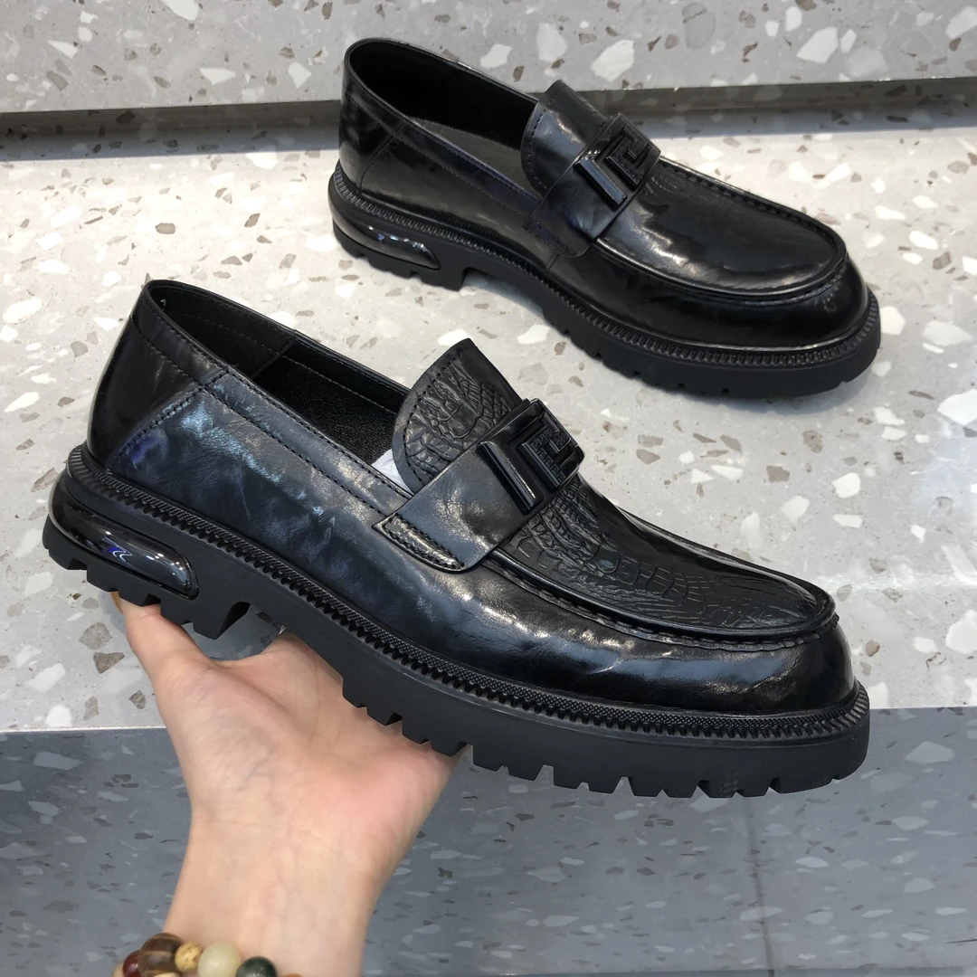 圆头正装豆豆鞋黑色休闲皮鞋增高休闲鞋套脚时尚软底厚底潮流百搭