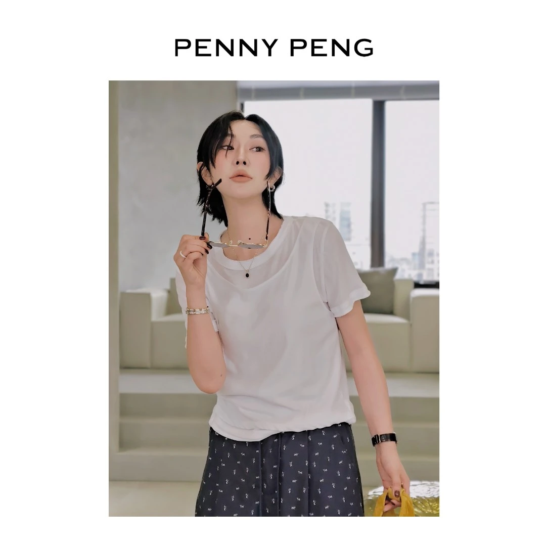 PENNYPENG美式周末夏季新款简约纯棉假两件时尚百搭圆领休闲上衣