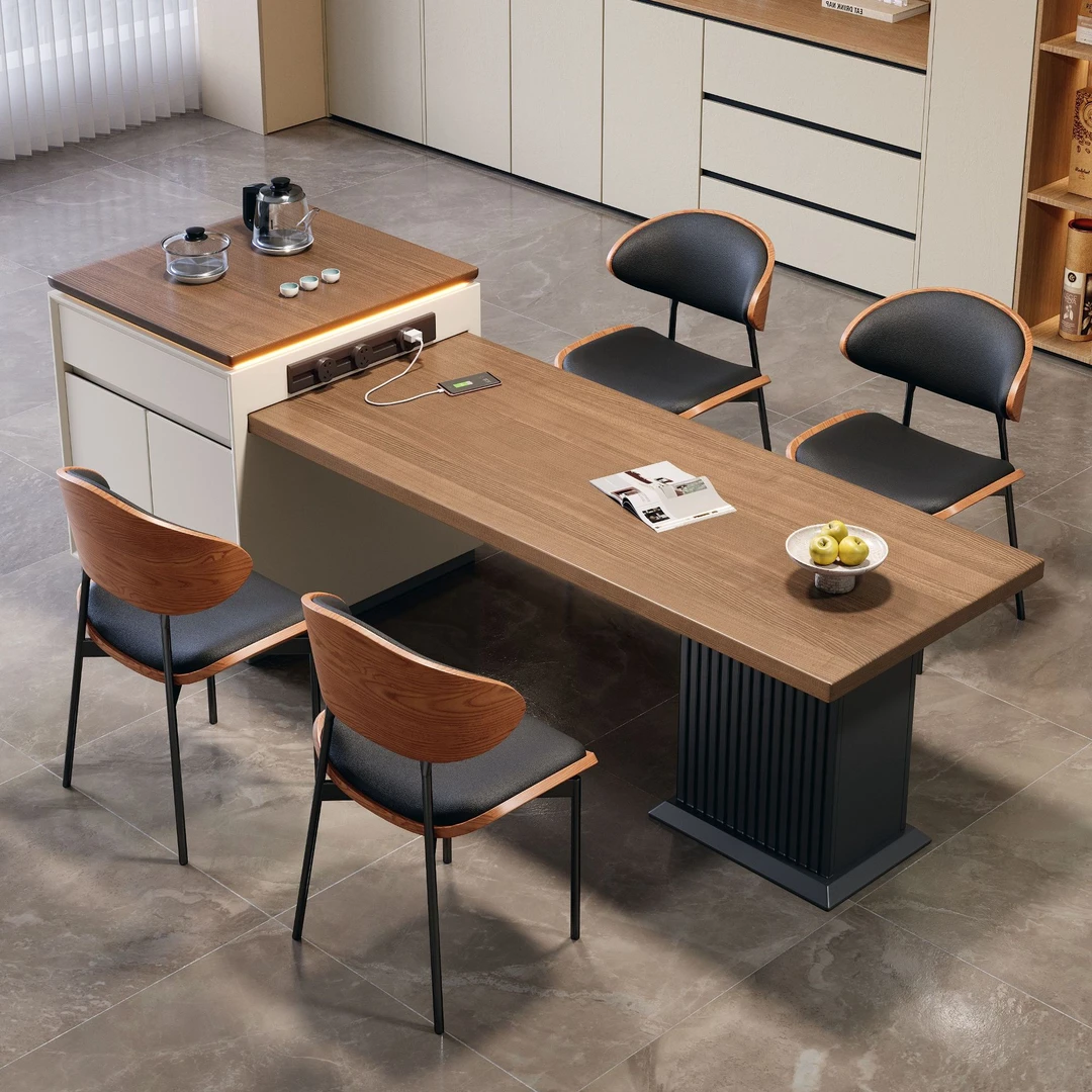 【上新款】胡桃色木纹岩板岛台餐桌可伸缩家用客餐厅中古轻奢风岛台