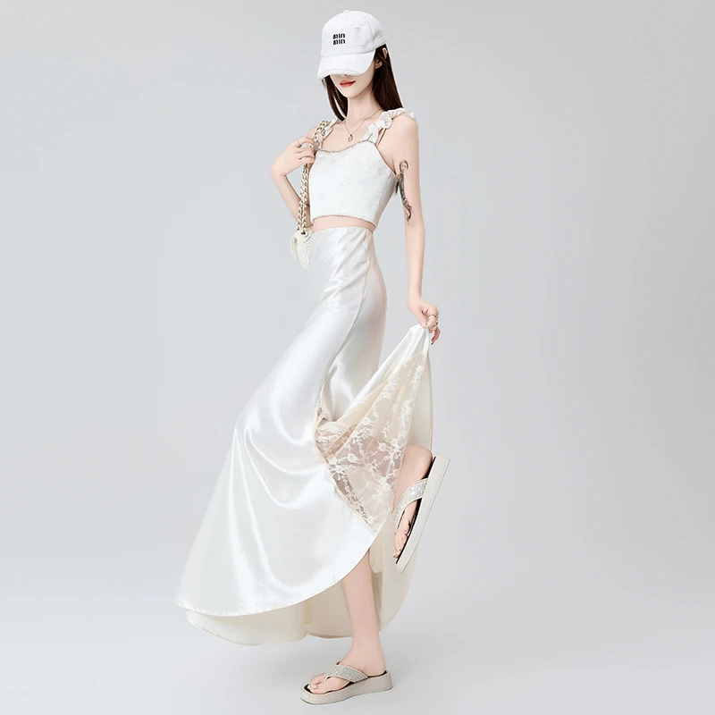 蕾丝醋酸缎面鱼尾裙半身裙女2025夏季高腰垂感a字遮胯包臀中长裙