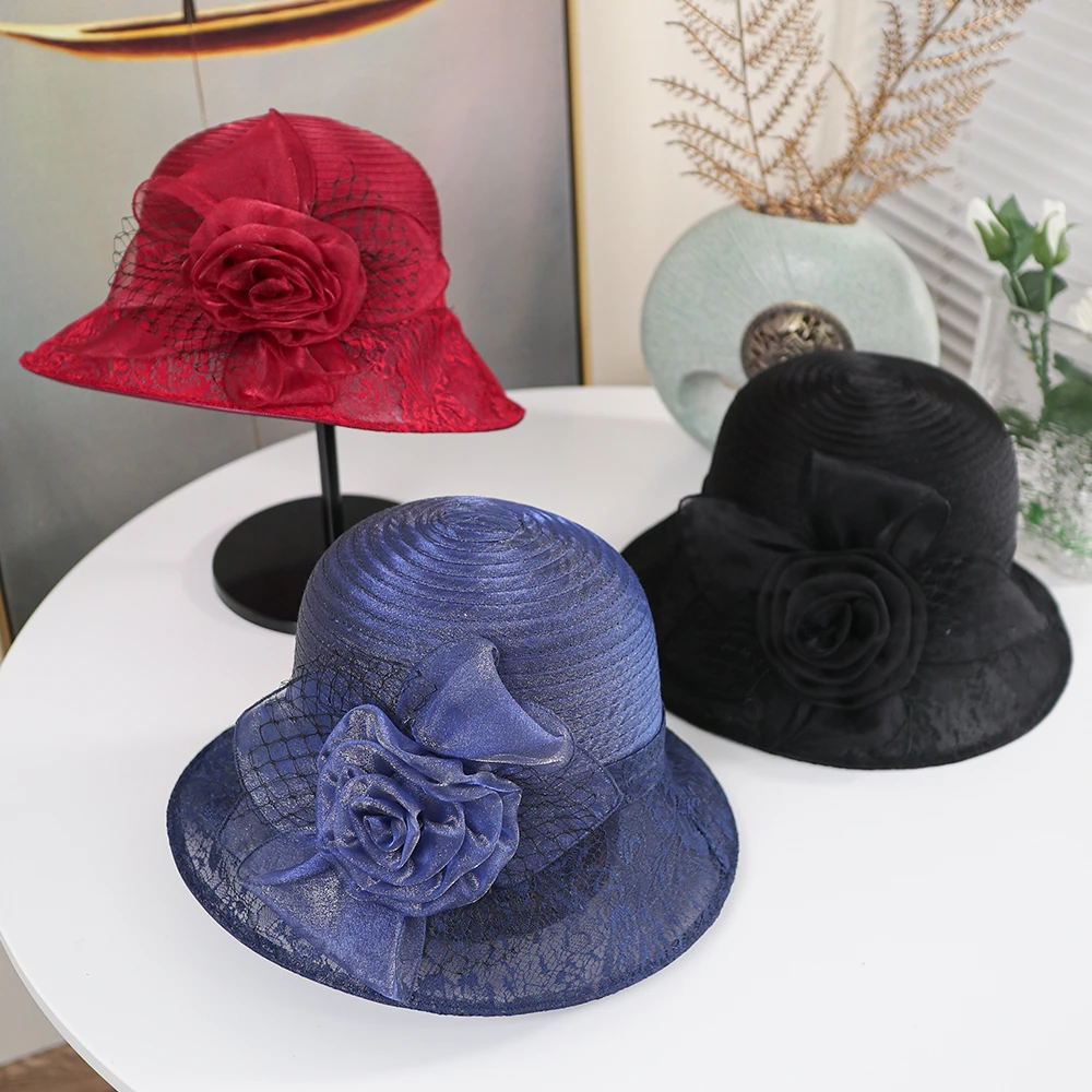 【嫣然】蕾丝网纱大花朵遮阳帽女