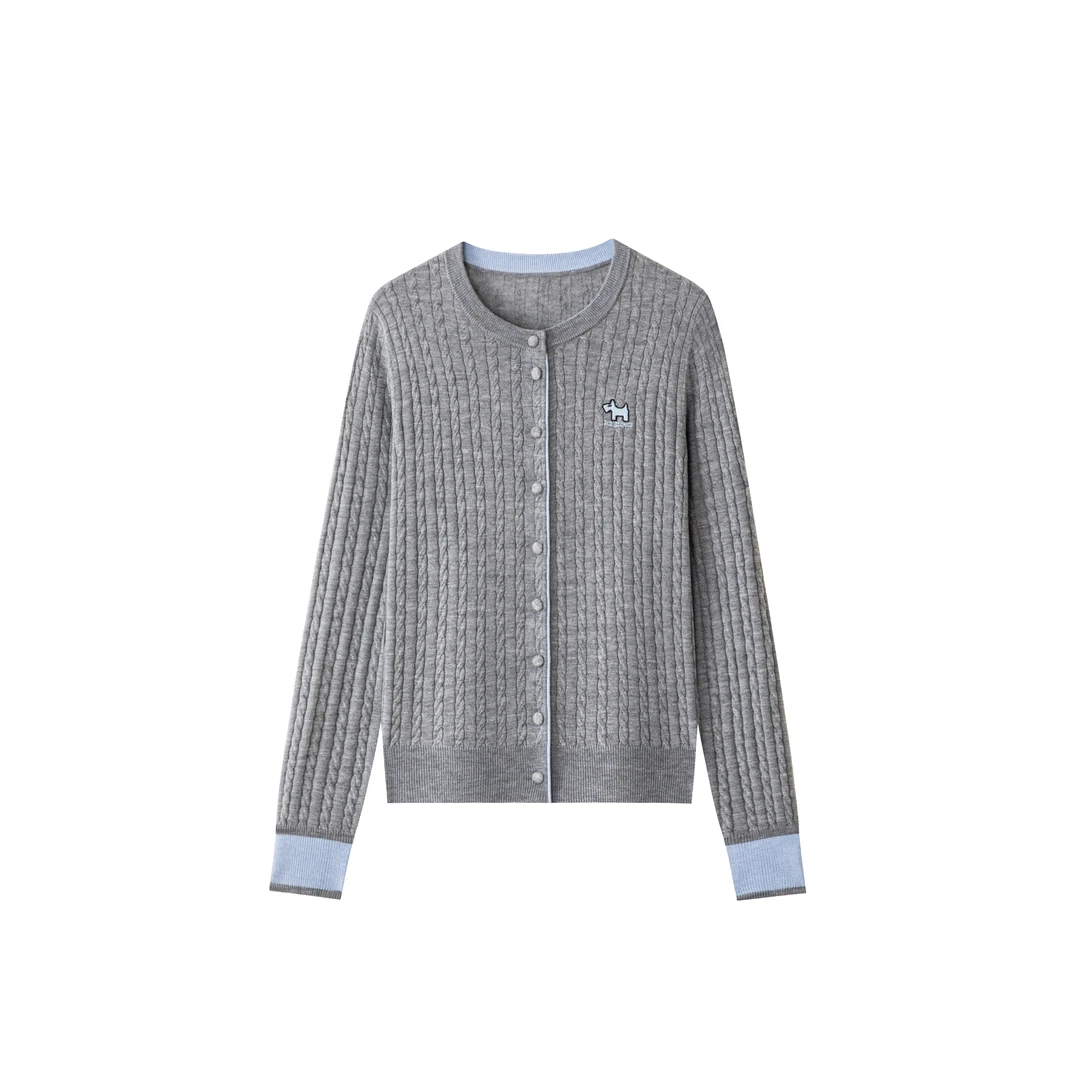 【吉岚严选】时尚休闲绞花撞色圆领开衫