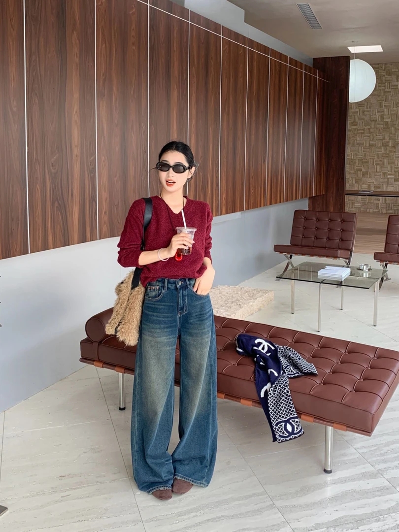 【小羊穿搭】高腰阔腿裤静奢风微弹无弹牛仔裤冬季蓝色宽松长裤