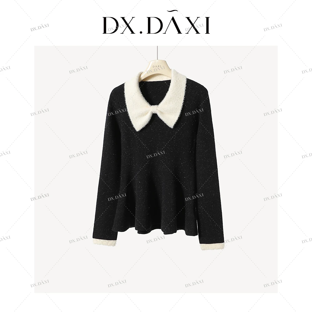 代大喜【黑糖奶绒】蝴蝶结毛绒翻领针织衫女冬新款韩系温柔内搭毛衣