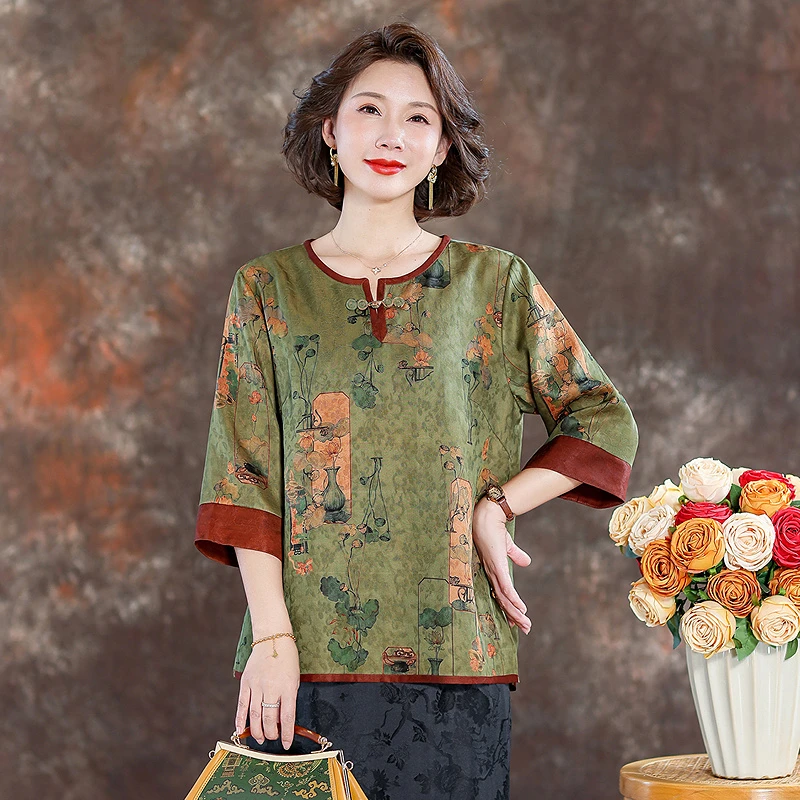 齐黛品牌花罗香云纱上衣女2025新款中式妈妈小衫复古优雅真丝衬衫