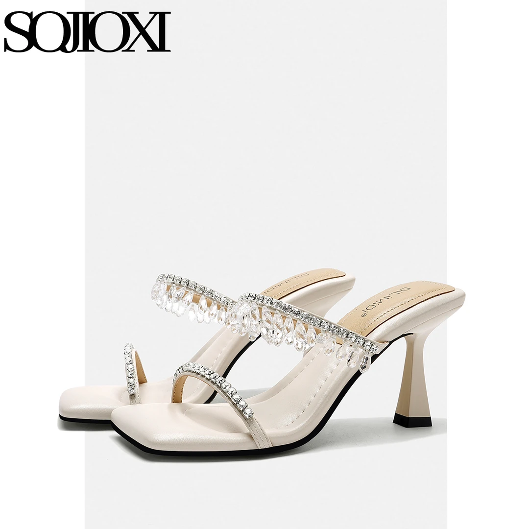 DICECK~仙女风白色踩屎感凉拖鞋女夏季外穿水钻一字带细跟高跟鞋