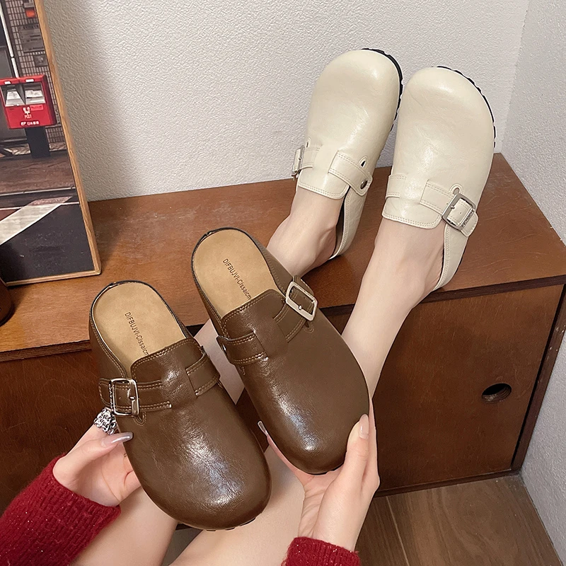 皮面软底博肯鞋女2025春季新款圆头复古内增高百搭小皮鞋防水拖鞋