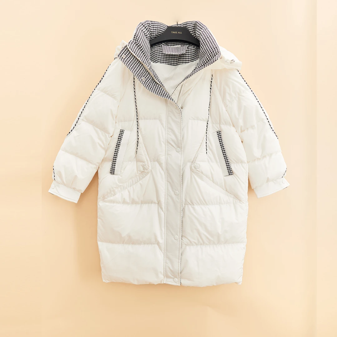 洪陵千鸟格撞色撞边女士长款鹅绒服7502