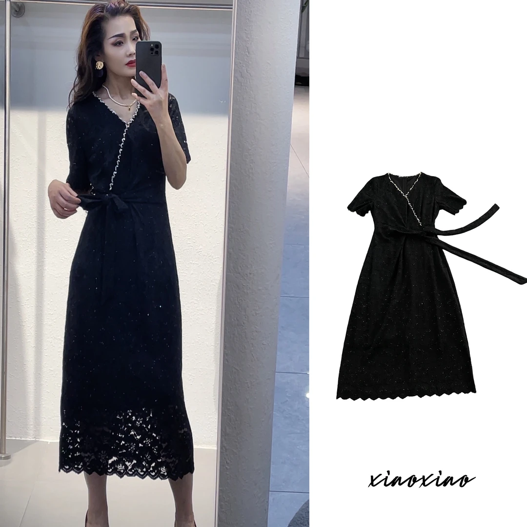 赫本风蕾丝长裙复古纯色法式短袖显瘦连衣裙9516