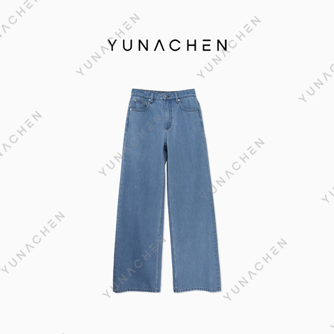 菠萝宝宝yuna【拭雪】YC22时尚宽松舒适重工蓝色水洗直筒女牛仔长裤