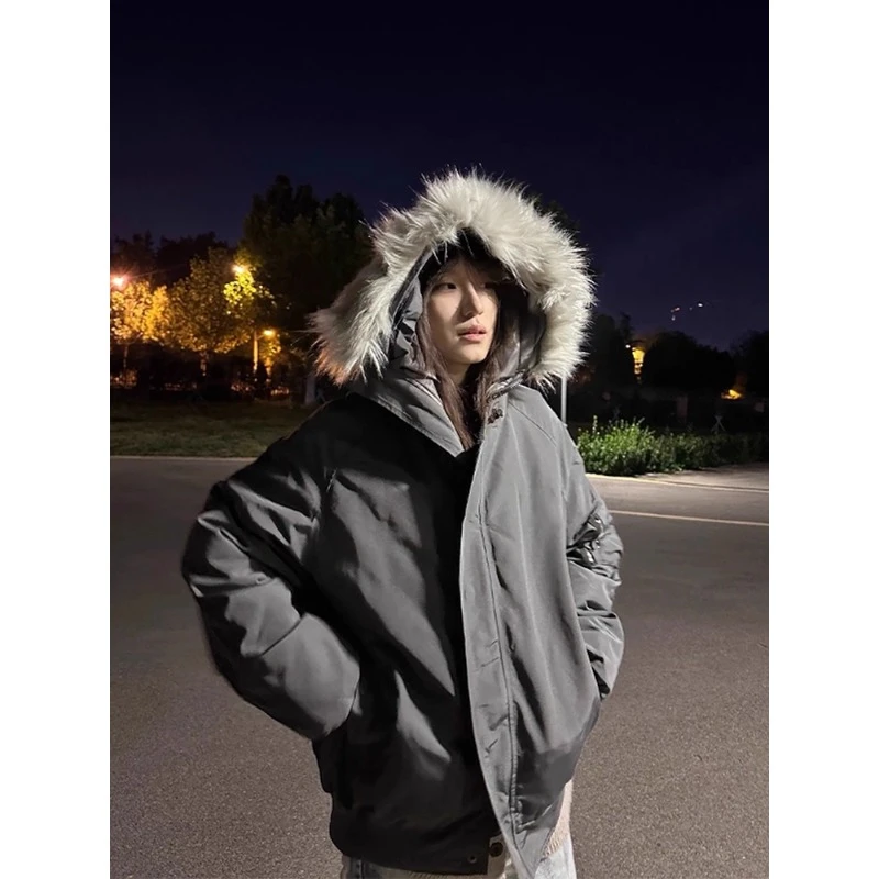 大毛领派克棉服男款冬季穿搭加厚美式连帽棉衣高级感情侣夹克外套