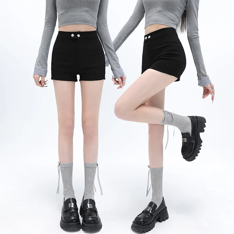 2025新款辣妹风高腰修身短裤女春季外穿弹力紧身显瘦黑色靴裤热裤