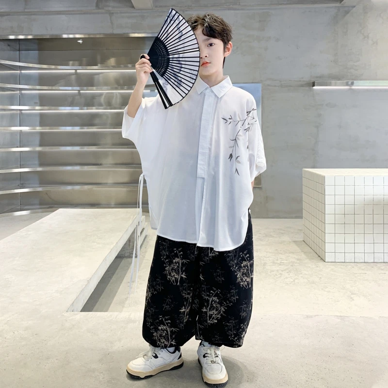 男童夏装中国风衬衫套装2025新款夏季新中式男孩短袖国风竹叶套装