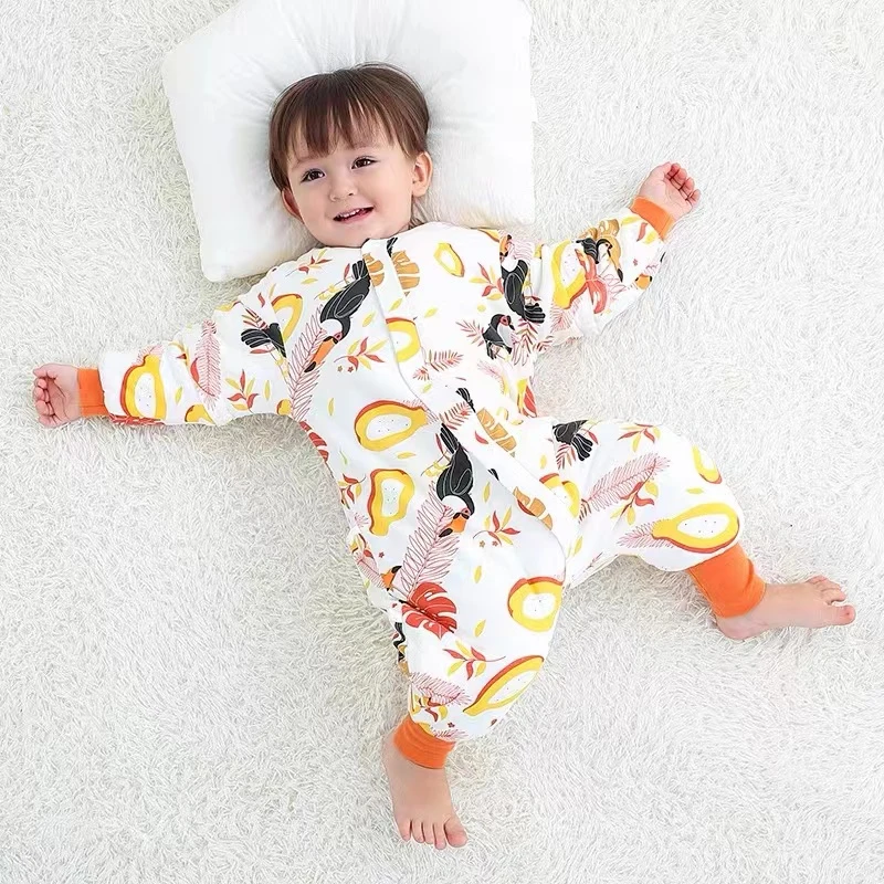 婴童加棉分腿睡袋秋冬夹棉加厚恒温防踢被神器可拆袖拉链睡衣7176