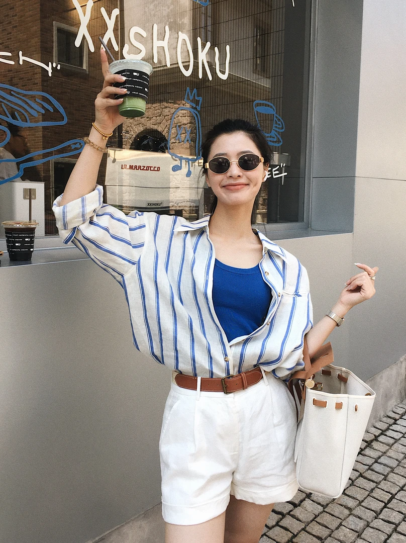 Yihouse【纸船】亚麻衬衫蓝白竖条纹衬衫女款宽松薄款休闲衬衣Y8382