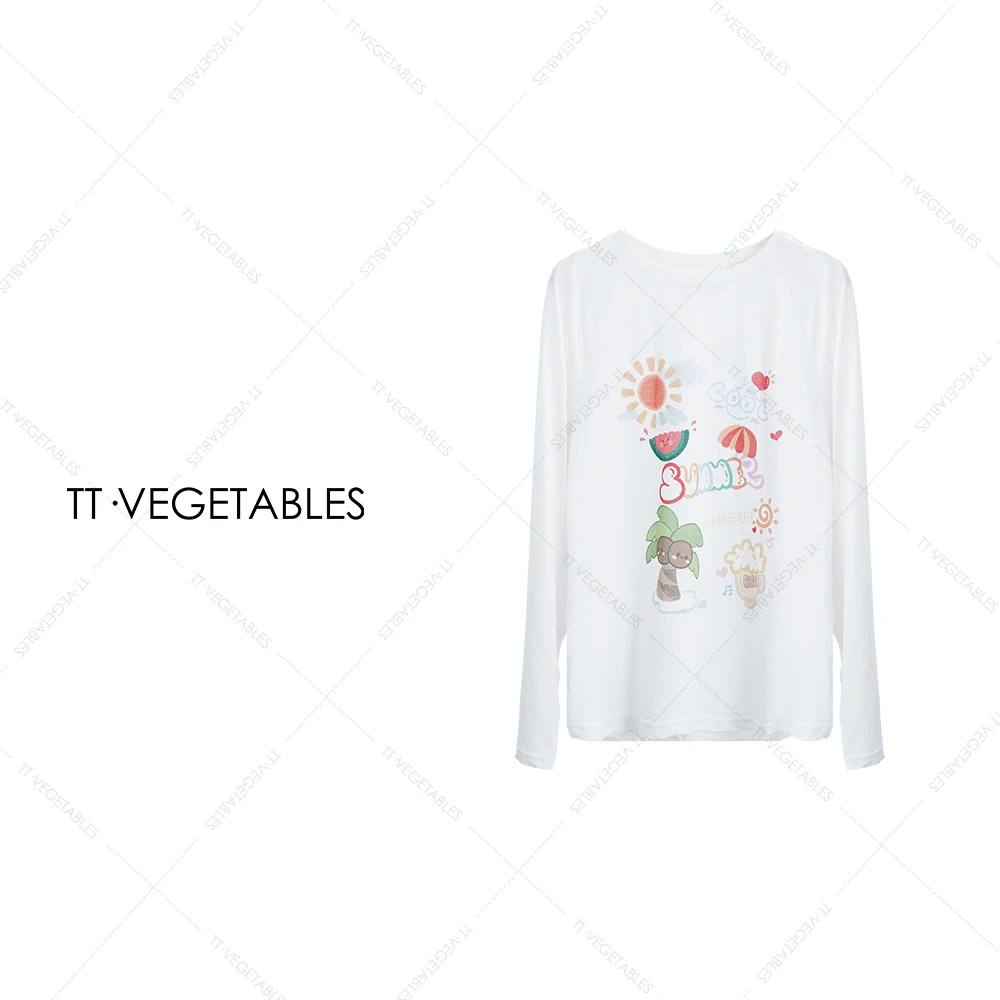 噢芬/小个子 【语妍】棉涤混纺长袖T恤轻奢印花上衣527604