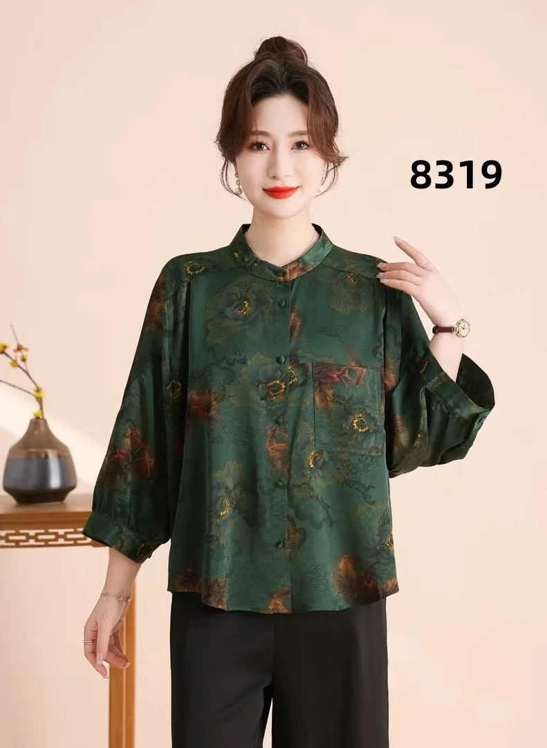 2025年夏季新款真丝滑宽松休闲大码妈妈装上衣衬衫